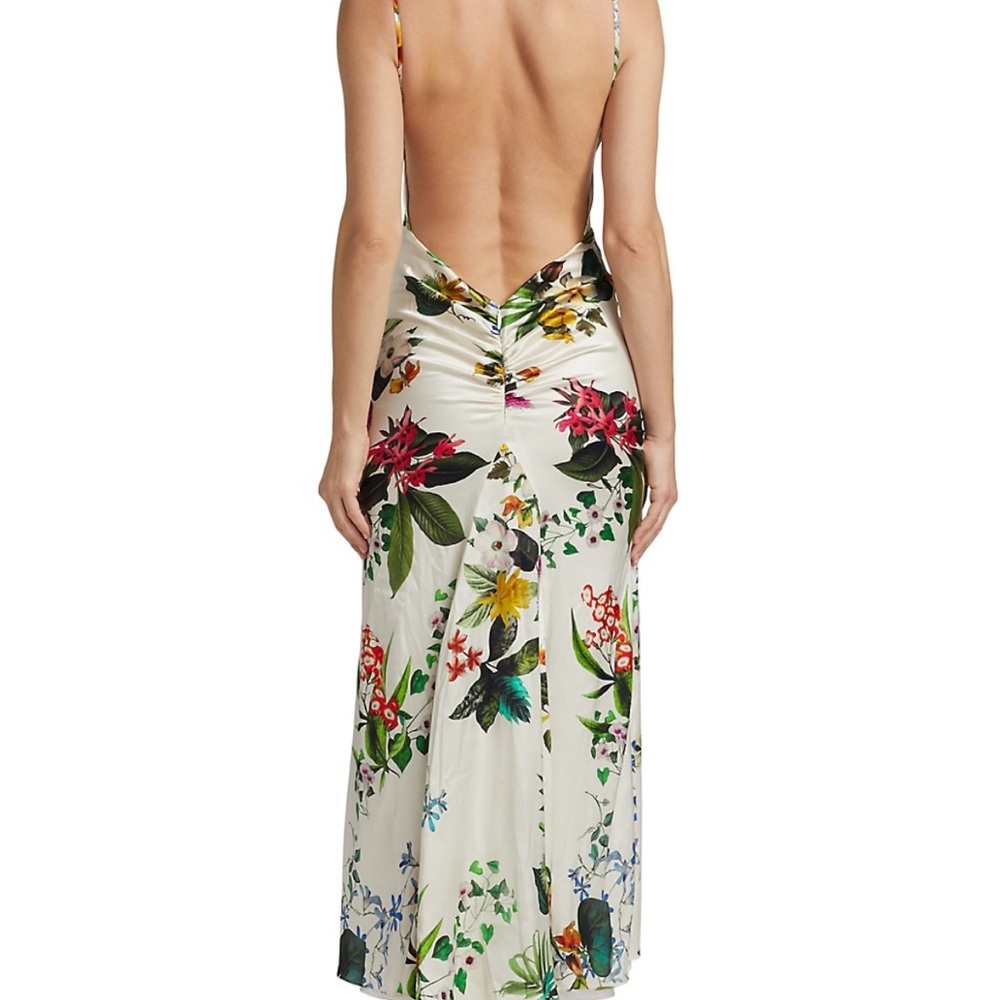 White floral silk gown, designed with an open, ruched back.